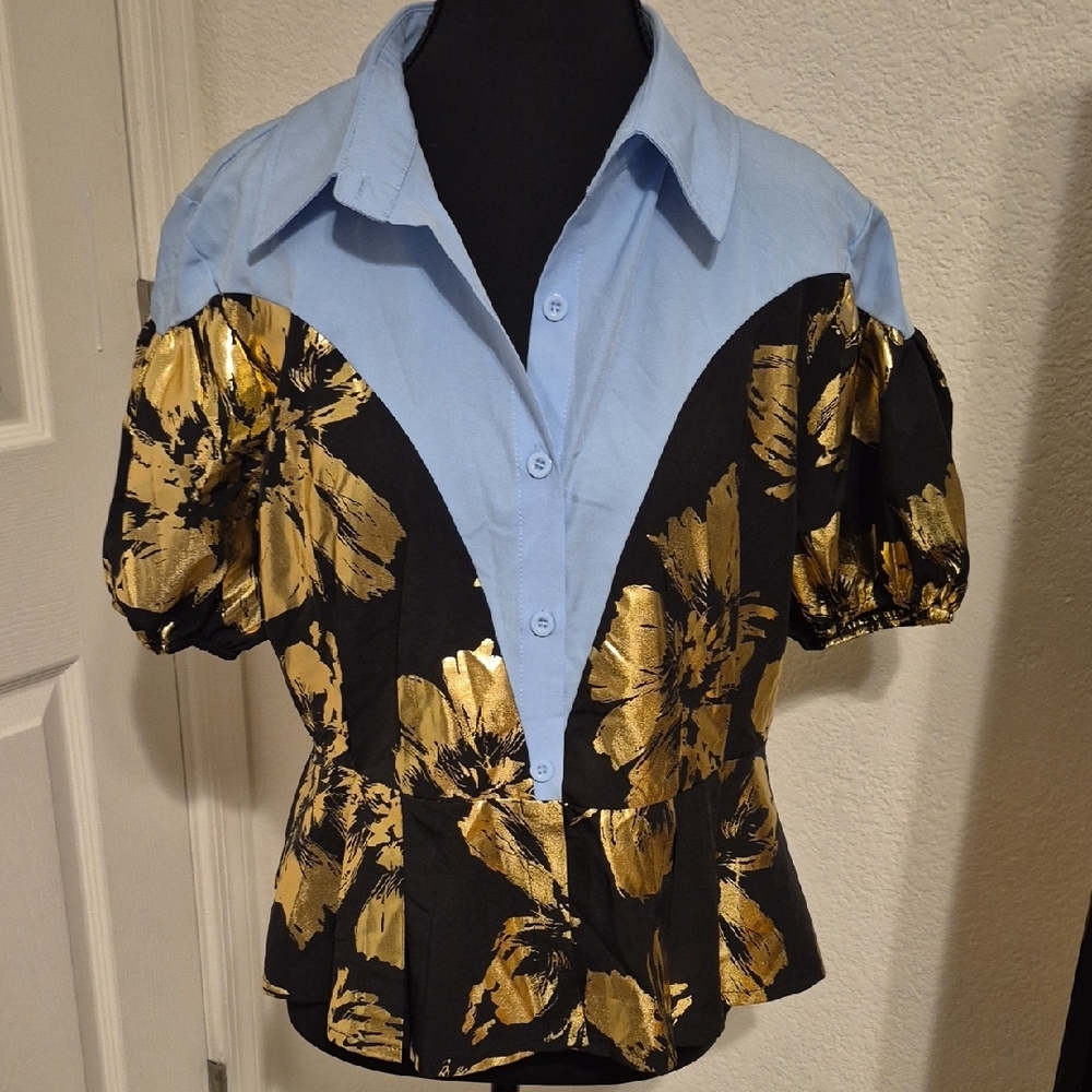 SHEIN Blue and Gold Floral Blouse - Picture 3 of 6